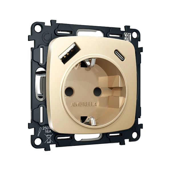 Комплект механизма электрической розетки OMEGA MO610010 Шампань 2USB A+C 20W 3000mA (быстрая зарядка