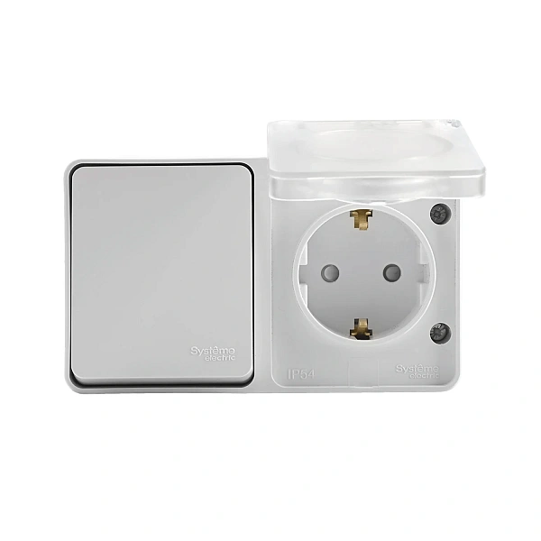 AtlasDesign PROFI IP54 О/У БЛОК: РОЗ. з/к со шт. 16А, ВЫКЛ.1-клав.10А, БЕЛЫЙ
