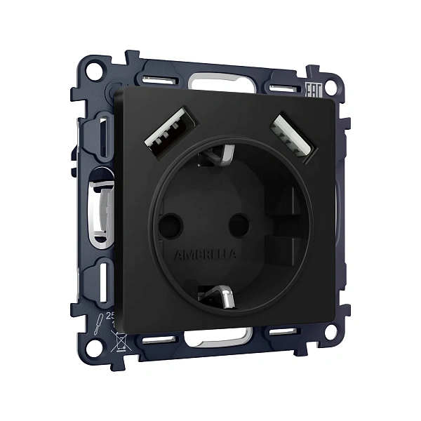Комплект механизма электрической розетки ALFA MA809010 Черный матовый 2USB A+A 18W 3000mA (быстрая з