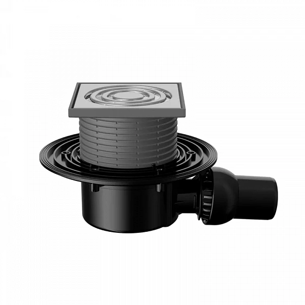 Трап Fachmann 122 x 122 мм T 090.0 SDsP "сухой" сифон, мет. фланец, гориз. выпуск 40/50, нерж. сталь