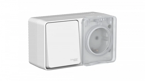 AtlasDesign PROFI IP54 О/У БЛОК: РОЗ. з/к со шт. 16А, ВЫКЛ.1-клав.10А, СЕРЫЙ