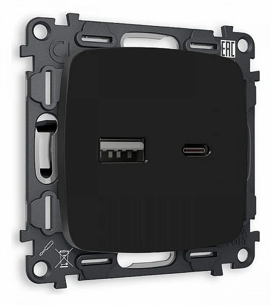 Комплект механизма розетки OMEGA MO811010 Черный матовый 2USB A+C 20W 3000mA (быстрая зарядка) 180-2