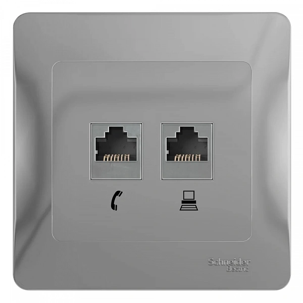 GLOSSA РОЗЕТКА двойная RJ11+RJ45, кат.5Е, механизм, АЛЮМИНИЙ