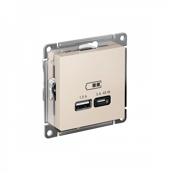 ATLASDESIGN USB РОЗЕТКА A + тип-C 45Вт высокоскор.заряд. QC,PD, мех., БЕЖЕВЫЙ