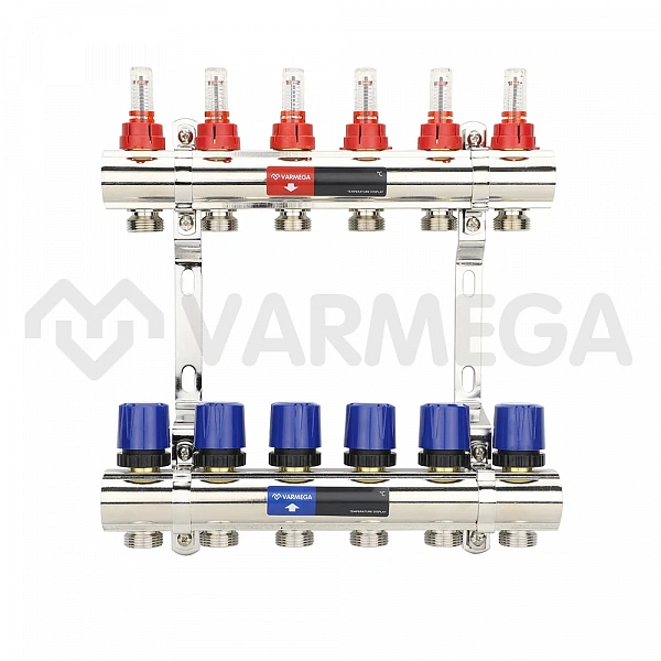 Коллекторная группа с расходомерами Varmega VM15406 ВР 1", на 6 контуров 3/4" ЕК, латунь
