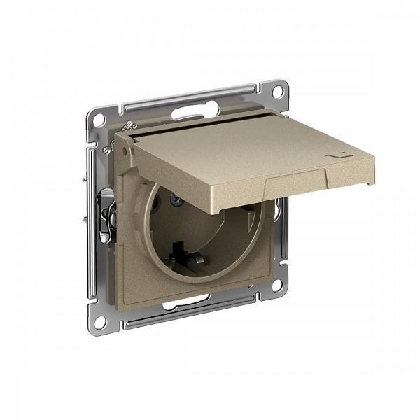 ATLASDESIGN РОЗЕТКА с заземл. со шторк. с крышкой,16А,IP20,мех., быстрозажим. клем., ШАМПАНЬ