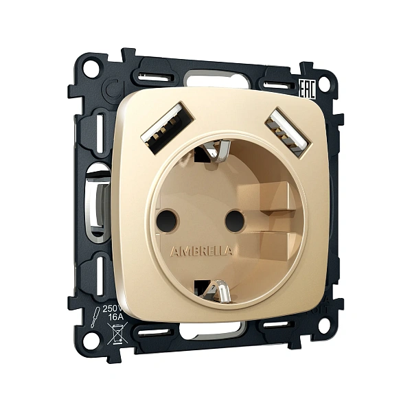 Комплект механизма электрической розетки OMEGA MO609010 Шампань 2USB A+A 18W 3000mA (быстрая зарядка