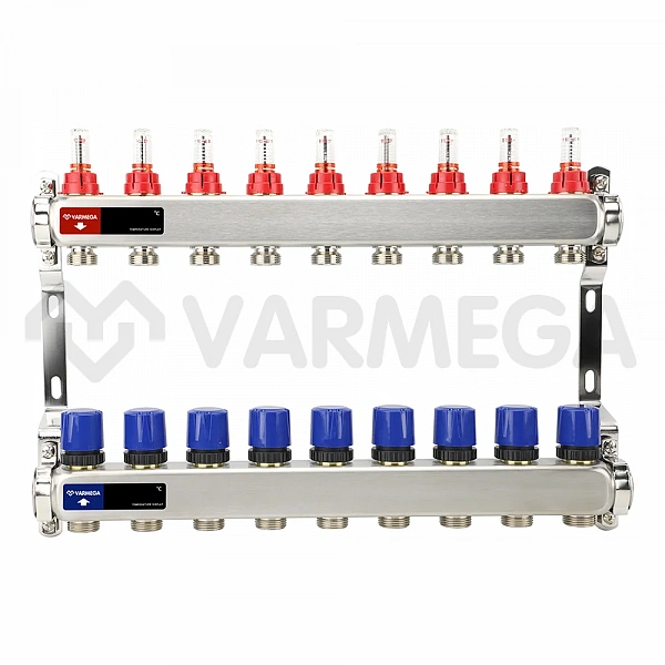 Коллекторная группа с расходомерами Varmega VM15109 ВР 1", на 9 контура 3/4" EK, нержавеющая сталь