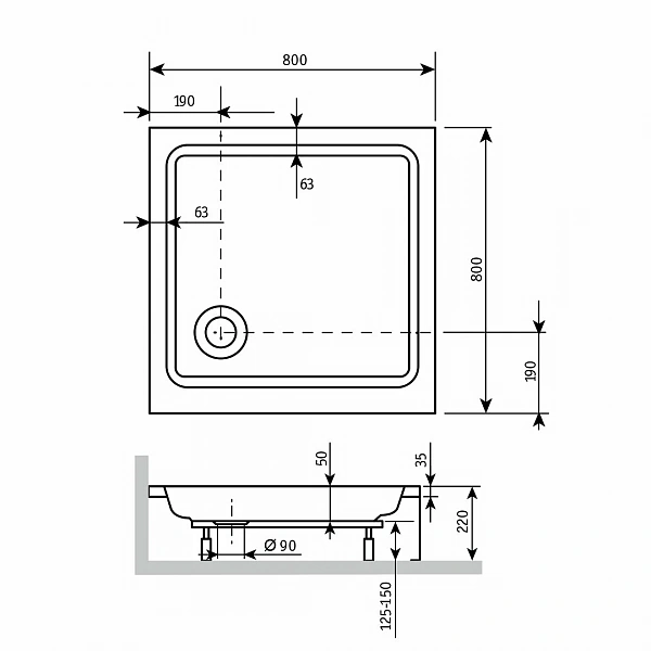 Душевой поддон  80*80*3,5 h23 RGW STYLE /Квадрат Ø 90 мм  (FW5-8)
