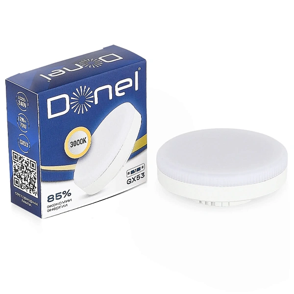 Donel, Светодиодная лампа 12Вт, 220В, GX53, 3000K, 1020Лм, Ra>80, 110°, D75хH26мм, Серия: DN03