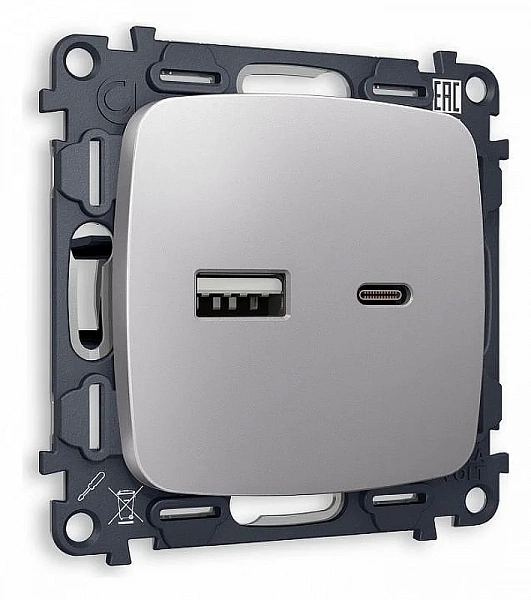 Комплект механизма розетки OMEGA MO511010 Сталь матовый 2USB A+C 20W 3000mA (быстрая зарядка) 180-22