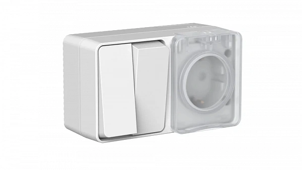 AtlasDesign PROFI IP54 О/У БЛОК: РОЗ. з/к со шт. 16А, ВЫКЛ.2-клав.10А, СЕРЫЙ