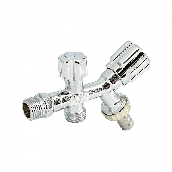 Вентиль двойной Н 1/2" х 1/2" х 3/4" для подключения бачков / смесителей, со штуцером Uni-Fitt