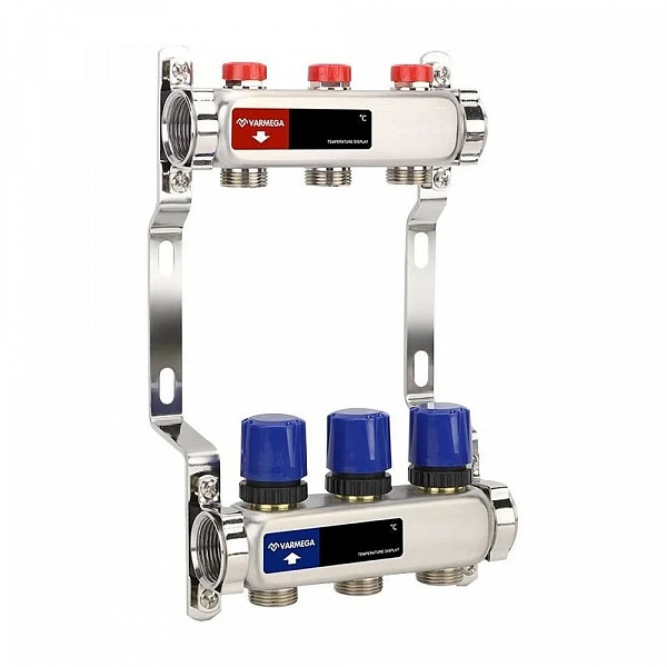 Коллекторная группа для отопления Varmega VM15503 ВР 1", на 3 контуров 3/4" EK, нержавеющая сталь