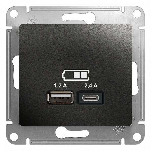 GLOSSA USB РОЗЕТКА А+С, 5В/2,4А, 2х5В/1,2 А, механизм, АНТРАЦИТ