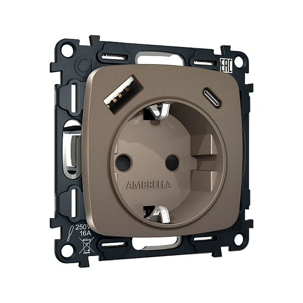 Комплект механизма электрической розетки OMEGA MO640010 Темная бронза матовый 2USB A+C 20W 3000mA (б