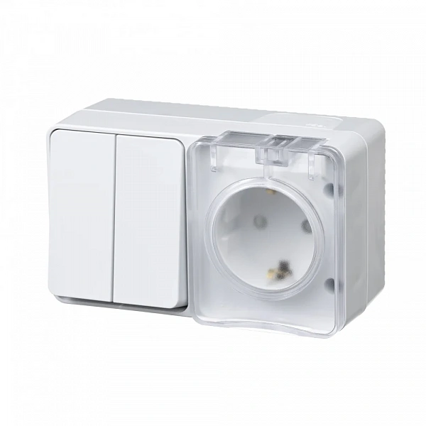 AtlasDesign PROFI IP54 О/У БЛОК: РОЗ. з/к со шт. 16А, ВЫКЛ.2-клав.10А, БЕЛЫЙ