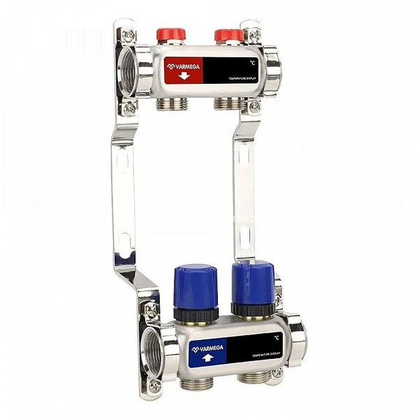 Коллекторная группа для отопления Varmega VM15502 ВР 1", на 2 контуров 3/4" EK, нержавеющая сталь